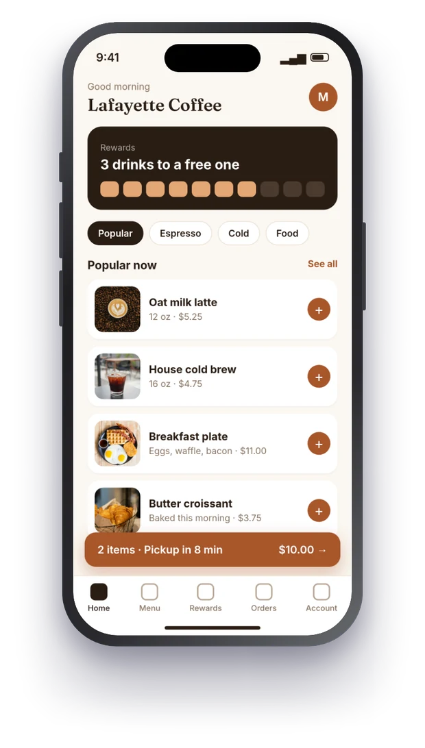 Sample ordering and rewards app screen